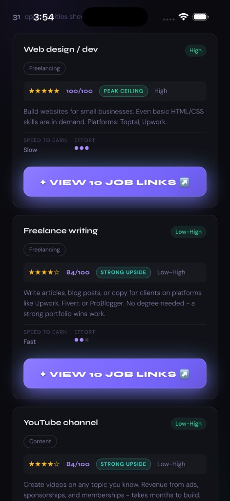 Browse opportunities list with job cards for web design, freelance writing, and YouTube, each with ratings and view job links buttons