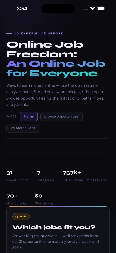 Online Job Freedom home screen showing headline, stats for 31 opportunities and 70+ job links, and quiz card preview