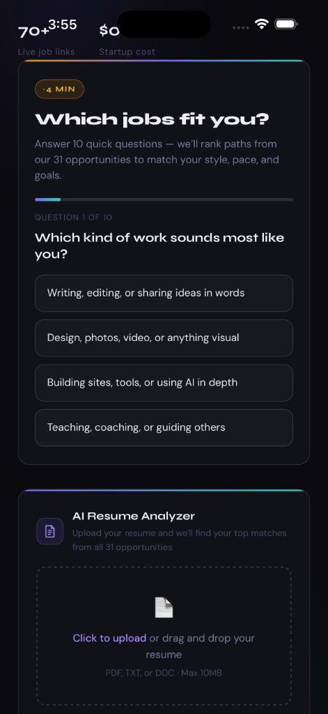 Which jobs fit you quiz with multiple choice answers and AI resume analyzer upload area
