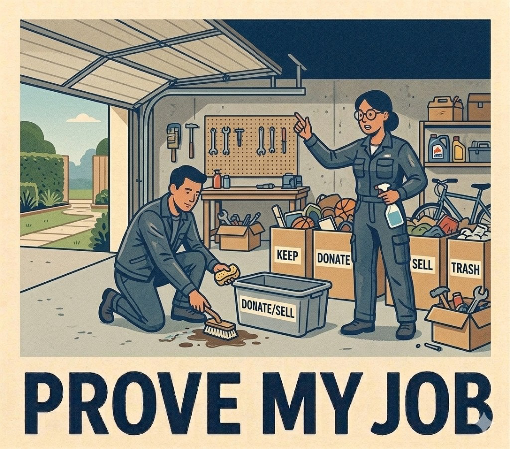 Illustration of service professionals organizing and cleaning a work area.