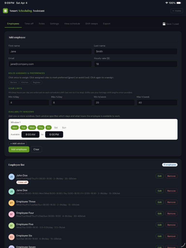 Employees tab with add employee form, role tags, availability windows, and employee list with edit and remove actions