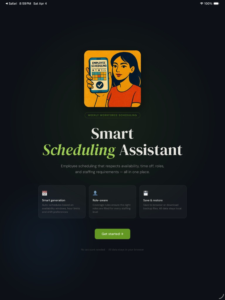Smart Scheduling Assistant welcome screen with headline, feature cards, and Get started button